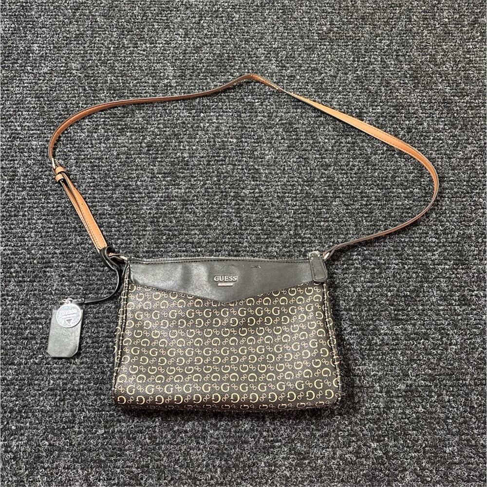 GUESS Monogram Crossbody Bag Black Brown Beige Zip Adjustable Strap Charm